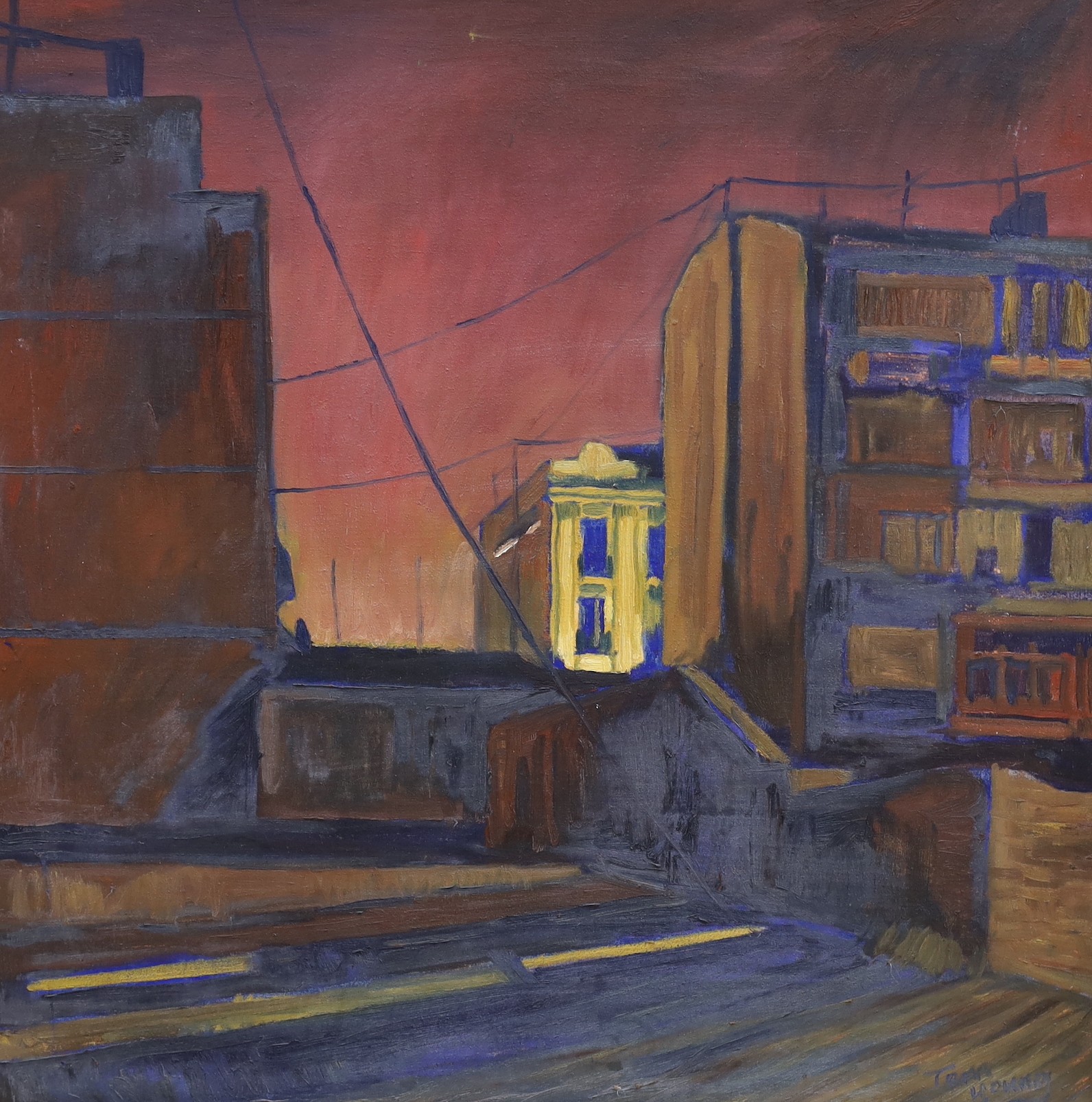 Tom Young, three oils on canvas, Abstracts, and a street scene, signed or inscribed, largest 120 x 100cm, three unframed